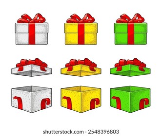 Open gift box with ribbon, bow. For Merry Christmas and Happy New Year poster or greeting card. Vector vintage color engraving illustration isolated on white. Hand drawn design element