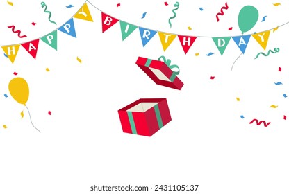 open gift box with ribbon and Happy Birthday Banner, vector illustration.