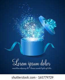 Open Gift Box with Ribbon and Magic Light Fireworks Vector Illustration