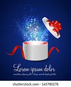 Open Gift Box with Ribbon and Magic Light Fireworks Vector Illustration - Shutterstock ID 165780278