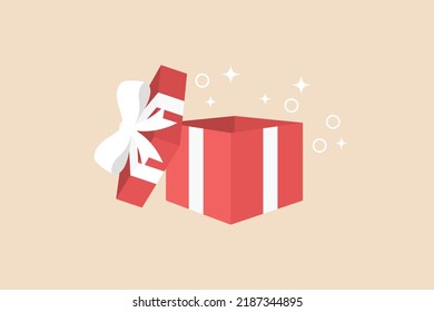 Open gift box with ribbon and stars. Gift box concept. Flat vector illustration isolated.