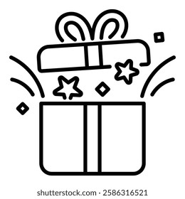 open gift box round line vector icon with editable stroke, representing surprise, celebration, appreciation, generosity, reward, excitement, or mystery gift