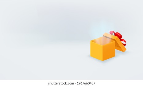 Open gift box with shine. Banner with copy space ready for a text