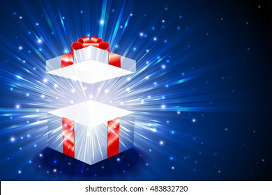 Open gift box with shining exploding firework from glitter for decoration of theme of Christmas, New Year and Birthday; Vector Background Eps10