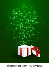 Open gift box with shining stars on green background, illustration.