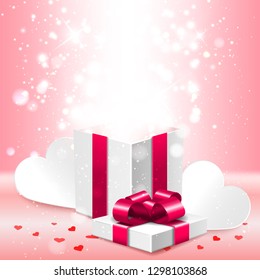 Open gift box with shiny lights surprise inside, greeting card, banner, vector illustration