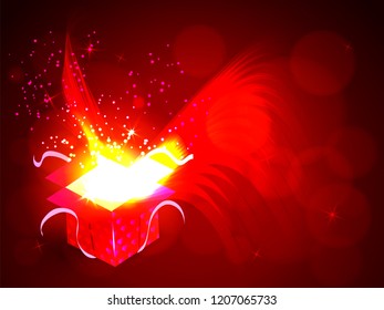 Open gift box with shiny sparkles. Vector illustration