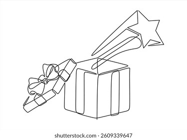 Open gift box with shooting star vector illustration. Surprise present.one line
