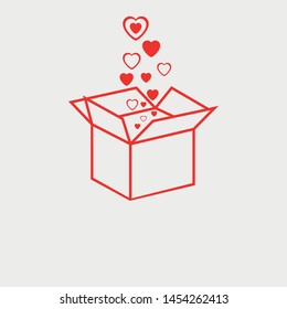 Open gift box sign. Hearts fly out of the box sign