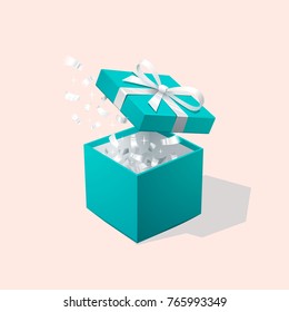 Open Gift Box With Silver Confetti. Turquoise Jewelry Box. Christmas Background. Vector Illustration.