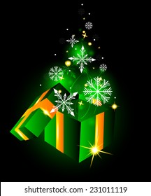 Open gift box with snowflakes on glowing background
