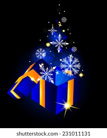 Open gift box with snowflakes on glowing background