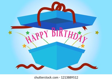 Open the gift box with a sparkle and happy birthday letters. blue gradient background