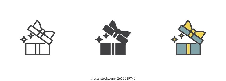 Abra la caja de regalo con el icono de destellos en el contorno, el glifo y el contorno lleno de la versión colorida. Paquete de símbolos de Vector de caja sorpresa.