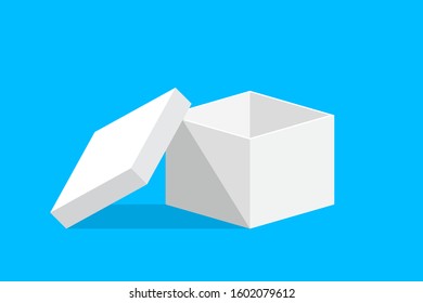open gift box square white for template design, box white isolated on blue background, single white case for gift present, blank box for greeting text concept, white gift box open for icon 3d cube