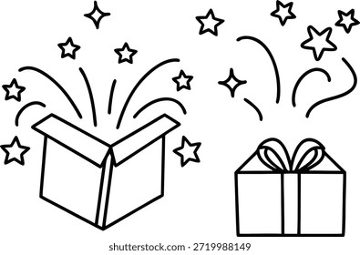 Open gift box with stars and closed gift box with bow