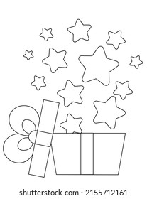 Open gift box with stars. Draw illustration in black and white