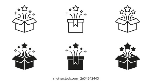 Open Gift Box With Stars Icon Set. Surprise, Celebration, And Excitement Symbol Collection. Festive And Joyful Design Elements. Isolated Vector Illustration.