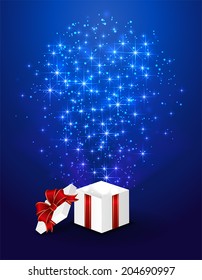 Open gift box with stars on blue background, illustration.