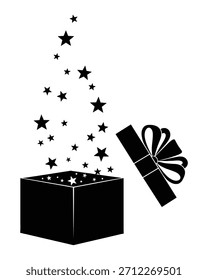Caja de regalo abierta con Ilustración vectorial de estrellas. Presente caja liberando estrellas desde el interior. Concepto de sorpresa y celebración para diseños.