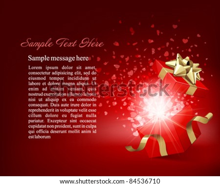 Open gift box with surpise and hearts confetti explosion background with place for text valentines day vector illustration. Good for decoration web site banner or greeting card and poster design.