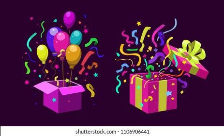 Open gift box. Surprise inside. Vector