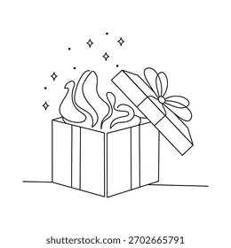 Open Gift Box with Surprise Line drawing. Line art. Illustration