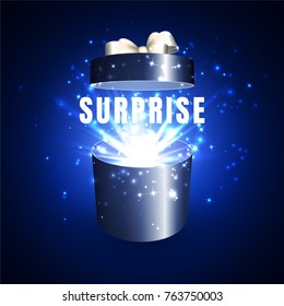 Open gift box with surprise and magic light fireworks.