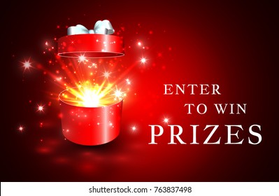 Open gift box with surprise and magic light fireworks.