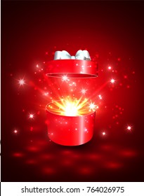 Open gift box with surprise and magic light fireworks.