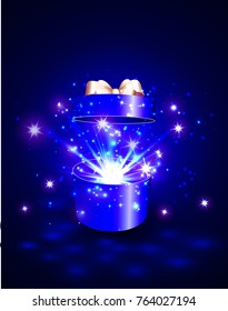 Open gift box with surprise and magic light fireworks.