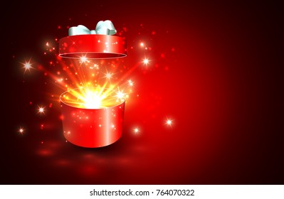 Open gift box with surprise and magic light fireworks.