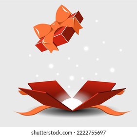 Abre una caja de regalo con una sorpresa y un arco de cinta sobre un fondo gris.
   Icono vectorial realista para regalo,
   banderas de cumpleaños o bodas