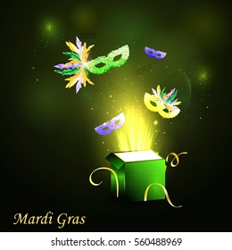 Open gift box with Traditional Festive carnival Party Mask, flying  confetti. Beautiful concept design for greeting card, party invitation,poster,  banner or flyer template. Vector illustration
