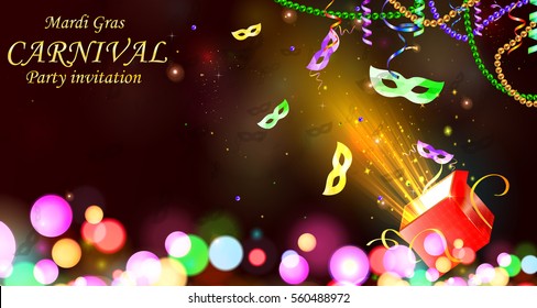 Open gift box with Traditional Festive carnival mask, flying confetti on shining bokeh lights. design for greeting card, party invitation, poster, banner or flyer template. Vector illustration
