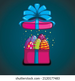 Open gift box with vector cartoon Easter eggs. Happy Easter illustration