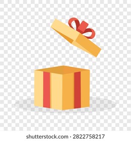 Open gift box vector featuring a yellow package with red ribbon stripes, raised lid, and decorative bow, isolated on a transparent background for birthday graphics, holiday promotions, surprise concepts, packaging, stickers, and celebration designs.