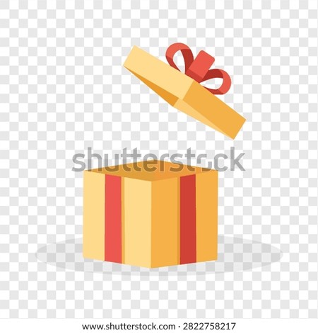Open gift box vector featuring a yellow package with red ribbon stripes, raised lid, and decorative bow, isolated on a transparent background for birthday graphics, holiday promotions, surprise concepts, packaging, stickers, and celebration designs.