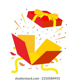 open gift box vector illustration with yellow bow and abstract party decorative suitable for use  at banner design, and social media on new year day, christmas or birthday party