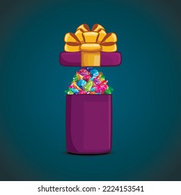 Open gift box with vector mountain of gems. Can be used in game design