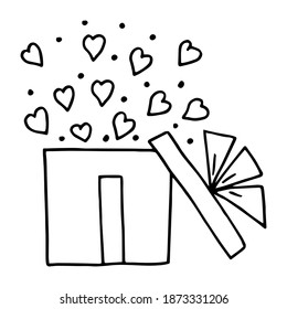 An open gift box from which many hearts fly out. For the holiday Valentine's Day, wedding. Vector illustration drawn by contour in doodle style on a white background.