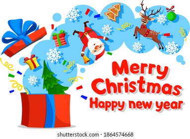 An open gift box from which Santa Claus and a deer fly out. Christmas gift