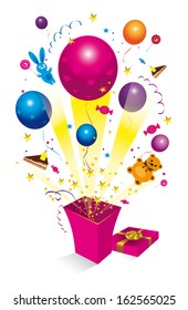 Open gift box from which you fly a variety of gifts