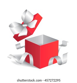 Open gift box with white ribbon. Vector illustration