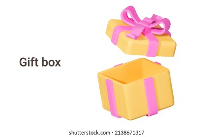 Open gift box. Yellow box with pink ribbon. Isolated 3d object on a transparent background