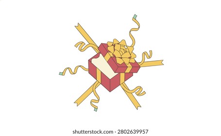 Open gift box with yellow ribbons and a starburst effect, a festive celebration, surprise, and holiday marketing themes for retail occasions.