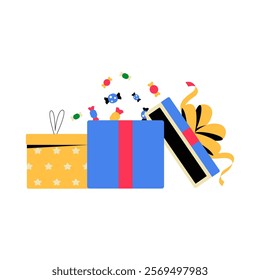 Open Gift Boxes With Candy In Flat Vector Illustration Symbolizing Gifting, Celebration, And Sweet Surprises, Isolated On White Background