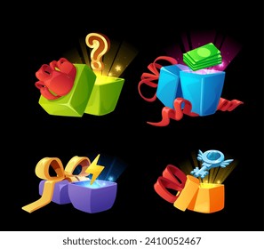 Open gift boxes different colors decorated red bow, glow with prize from inside vector set. GUI surprise or reward element for game interface. Cartoon present packages with key, money, question mark