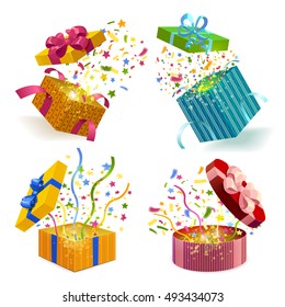 Open gift boxes of different design  and fireworks from confetti 3d set isolated vector illustration