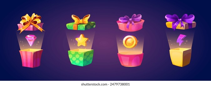 Open gift boxes with flying cap, magic light from inside and game loot won bonus icon. Cartoon vector set of surprise and reward concept. Present package with coin and star, lightning and diamond.